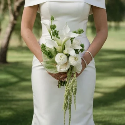 White wedding bouquet with calla lilies, white ranunculus, greenery, and cascading amaranthus held by a bride.