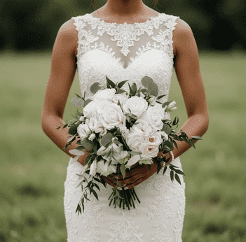 Boho style flowers in a white wedding bouquet with garden roses, ivory blooms, eucalyptus, and fresh greenery held by a bride in a lace wedding dress.