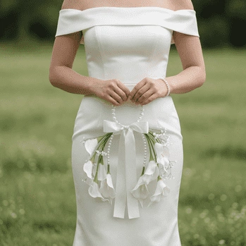 Bridal flowers bouquets featuring a white pearl ribbon bow with delicate white orchid blooms and flowing satin ribbons held by a bride.