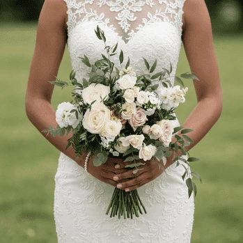 White Wedding Bouquet with Ivory Roses and Olive Greenery