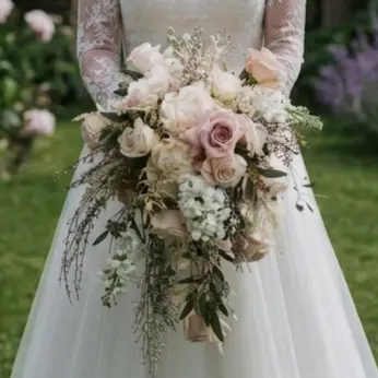 Pink Wedding Bouquet with blush roses, white flowers and cascading greenery for elegant bridal flowers bouquets