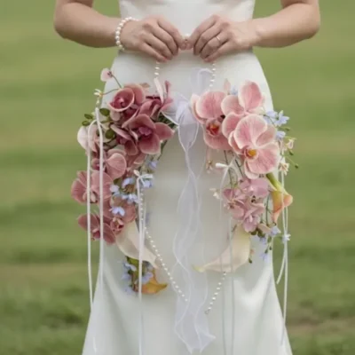 Pink Wedding Bouquet with blush orchids, calla lilies, pearl strands, and ribbons in a crescent design among popular wedding bouquets