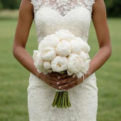 White wedding bouquet made entirely of lush white peonies in a classic round bridal arrangement.