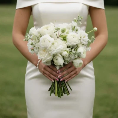 White wedding bouquet with white ranunculus, garden roses, stock flowers, and delicate seasonal blooms in a hand-tied bridal arrangement.