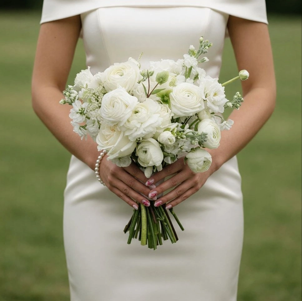 White Wedding Bouquet with Ranunculus and Garden Roses