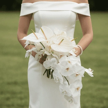 White wedding bouquet with cascading white Phalaenopsis orchids, white anthuriums, lilies, and tropical bridal flowers.