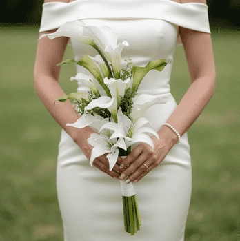 White wedding bouquet with white calla lilies, white lilies, orchids, and fresh greenery in a hand-tied bridal arrangement.
