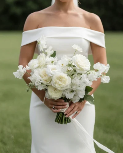 White wedding bouquet with white garden roses, sweet peas, white daisies, and seasonal flowers tied with flowing ivory ribbon.