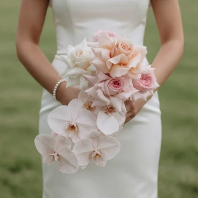 Pink Wedding Bouquet with blush roses, peach roses, white roses, and cascading white orchids for elegant bridal flowers bouquets