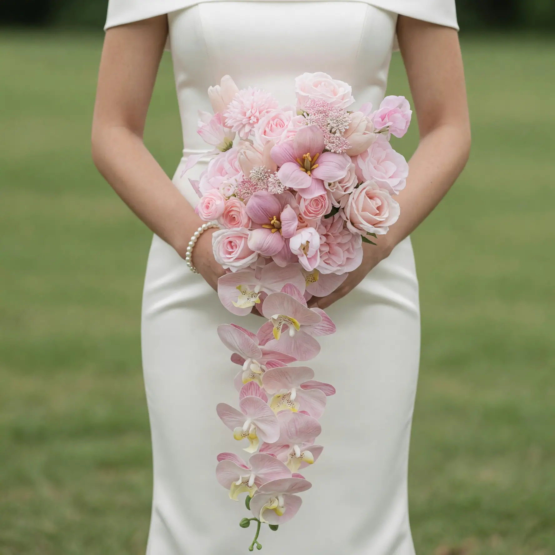 Pink Wedding Bouquet with blush roses, hydrangeas, tulips, chrysanthemums, astilbe, and cascading pink orchids among popular wedding bouquets