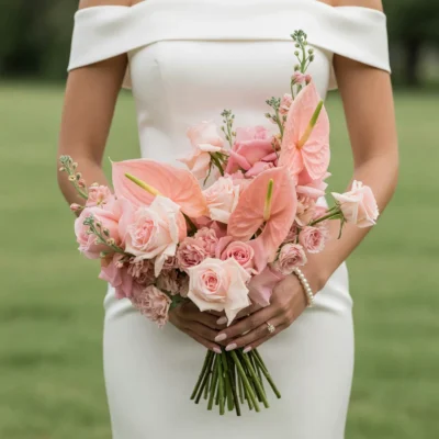 Pink Wedding Bouquet with blush roses, pink anthuriums, spray roses, carnations, and elegant bridal blooms for a romantic wedding
