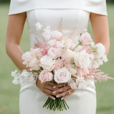 Pink Wedding Bouquet with ivory roses, blush roses, ranunculus, sweet peas, and pink astilbe for elegant bridal flowers bouquets