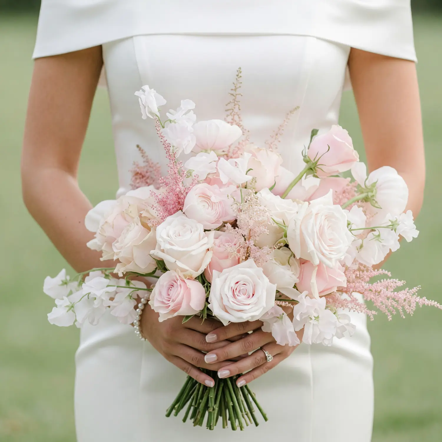 Pink Wedding Bouquet with ivory roses, blush roses, ranunculus, sweet peas, and pink astilbe for elegant bridal flowers bouquets
