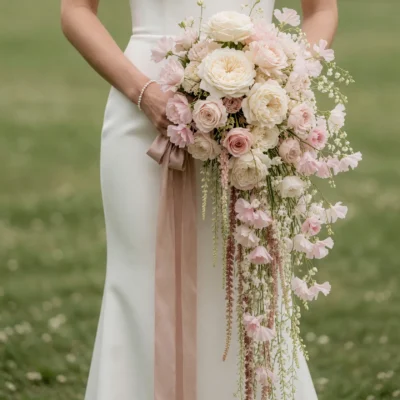 Pink Wedding Bouquet with ivory garden roses, blush spray roses, sweet peas, baby's breath, and cascading bridal blooms