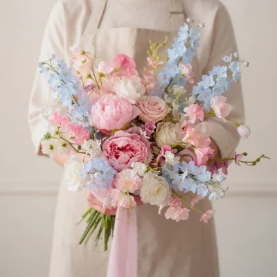 Pink Wedding Bouquet with pink peonies, blush roses, ivory roses, blue delphiniums, and sweet peas among popular wedding bouquets