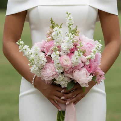 Pink Wedding Bouquet with blush peonies, pink roses, ranunculus, white stock flowers, and romantic bridal blooms