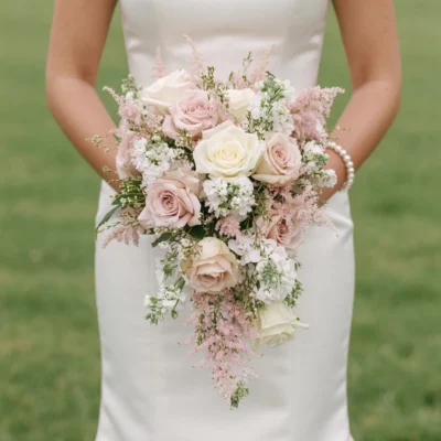 Pink Wedding Bouquet with ivory roses, blush roses, astilbe, stock flowers, and cascading garden blooms for elegant bridal flowers bouquets