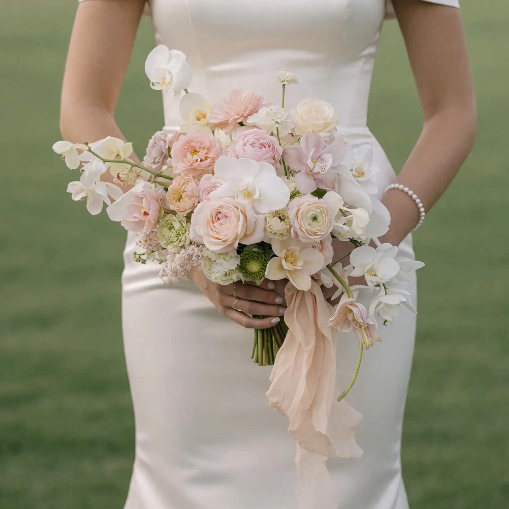 Pink Wedding Bouquet with blush garden roses, ivory roses, white orchids, ranunculus, and pastel flowers among popular wedding bouquets