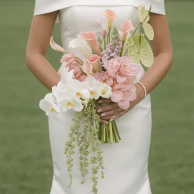 Pink Wedding Bouquet with white orchids, blush cymbidium orchids, blush calla lilies, green anthuriums, and elegant bridal blooms