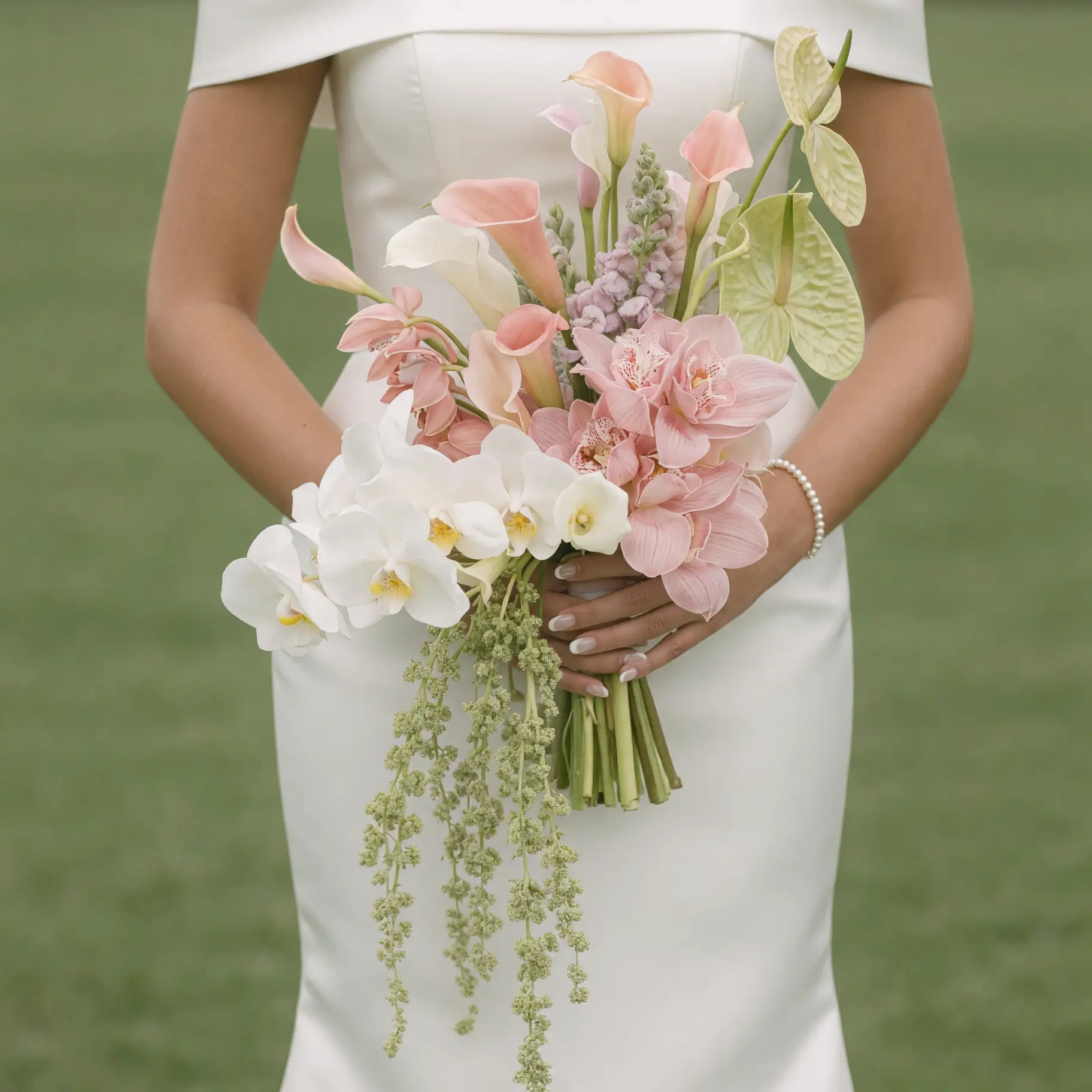 Pink Wedding Bouquet with white orchids, blush cymbidium orchids, blush calla lilies, green anthuriums, and elegant bridal blooms