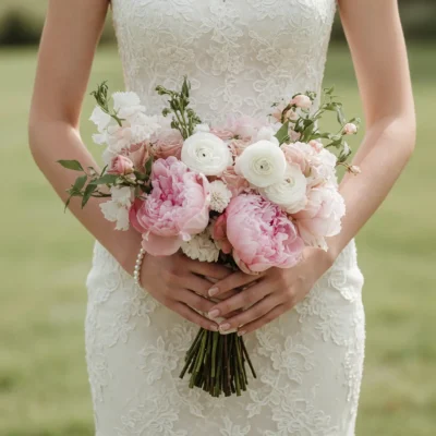 Pink Wedding Bouquet with blush peonies, white ranunculus, blush roses, spray roses, and romantic bridal blooms