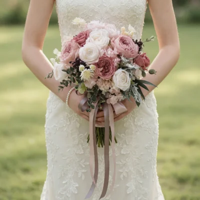 Pink Wedding Bouquet with vintage garden roses, ivory roses, hydrangeas, eucalyptus, and satin ribbons among popular wedding bouquets
