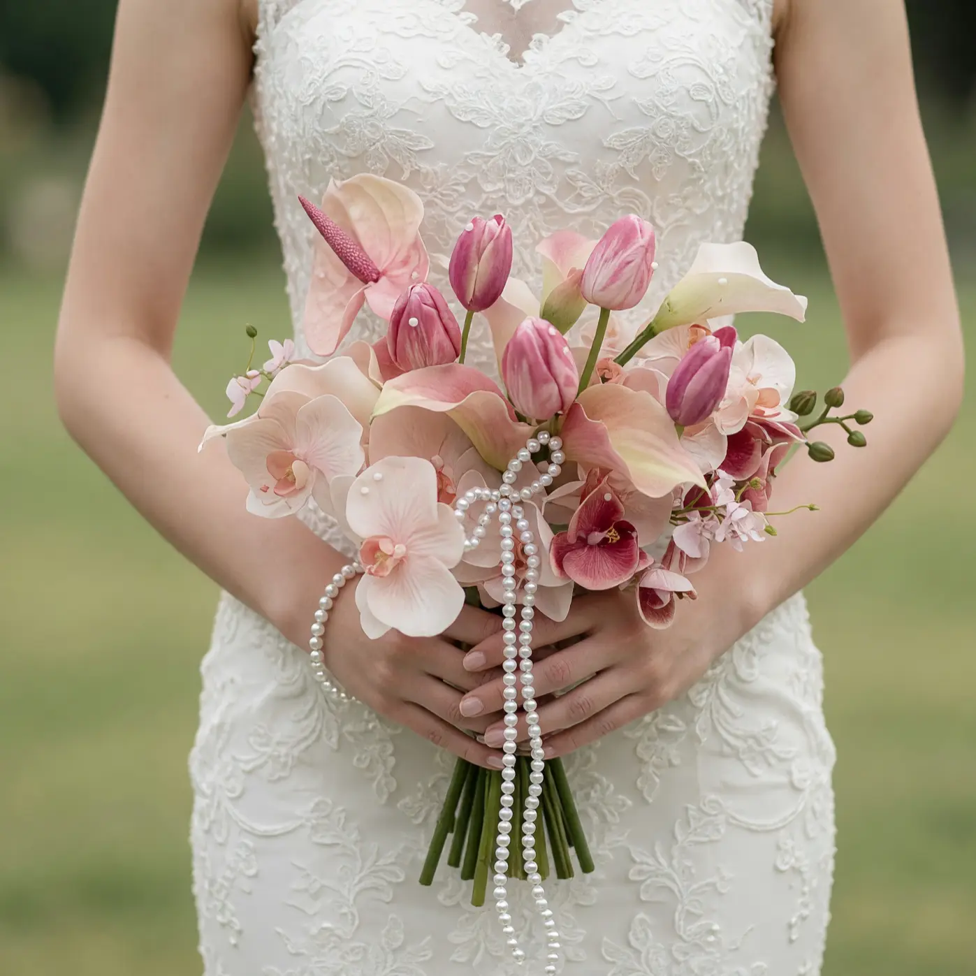 Pink Wedding Bouquet with blush orchids, pink tulips, calla lilies, anthuriums, and pearl accents showcasing elegant bridal blooms