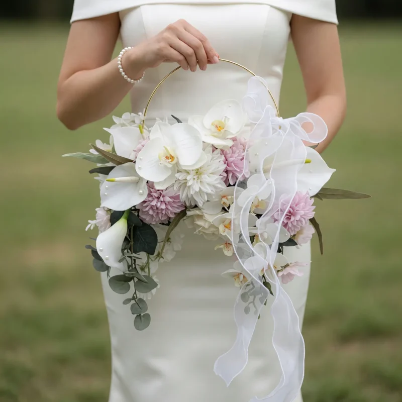 Pink Wedding Bouquet Pearl Ribbon Floral Basket