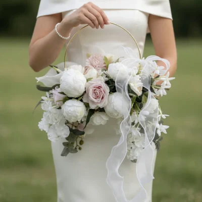 Pink Wedding Bouquet bridal flowers bouquets floral basket with blush roses, white peonies, hydrangeas, calla lilies, gold handle, and flowing organza ribbons