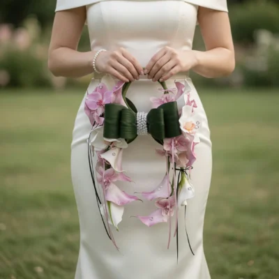 Pink Wedding Bouquet bridal flowers bouquets orchid floral hoop with blush orchids, white calla lilies, emerald bow, crystal centerpiece, and elegant wedding design