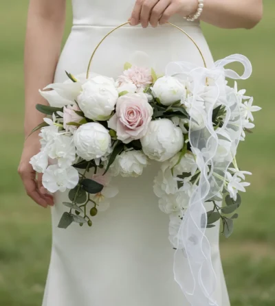 Pink Wedding Bouquet bridal flowers bouquets floral basket with blush rose, white peonies, orchids, hydrangea, eucalyptus, gold handle, and flowing organza ribbons