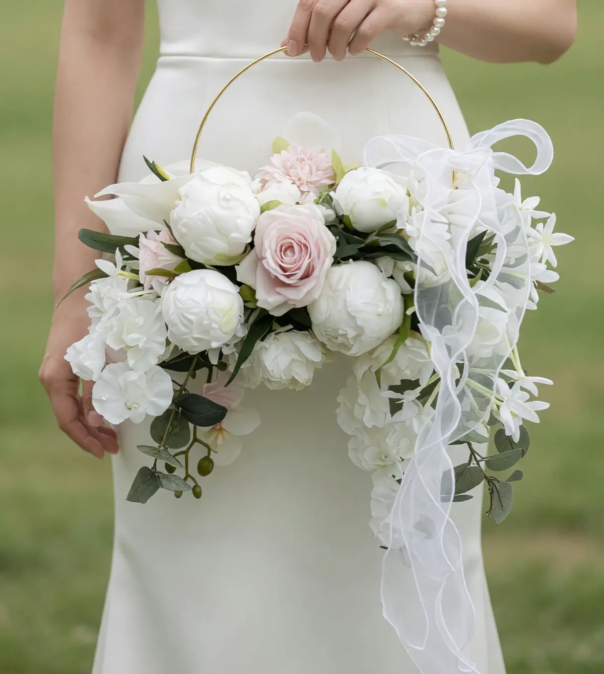 Pink Wedding Bouquet bridal flowers bouquets floral basket with blush rose, white peonies, orchids, hydrangea, eucalyptus, gold handle, and flowing organza ribbons