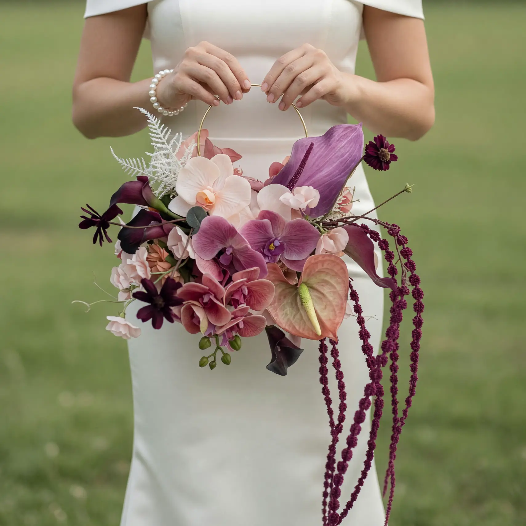 Pink Wedding Bouquet bridal flowers bouquets modern floral hoop with orchids, anthuriums, calla lilies, cascading burgundy amaranthus, and gold ring