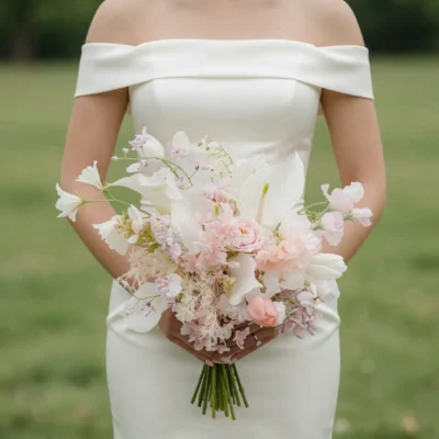 Pink Wedding Bouquet bridal flowers bouquets with white calla lilies, blush roses, sweet peas, astilbe, tulips, and soft pastel wedding flowers