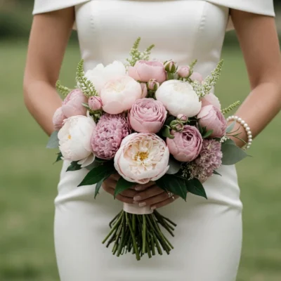 Pink Wedding Bouquet bridal flowers bouquets with blush peonies, garden roses, chrysanthemums, rose buds, eucalyptus greenery, and romantic wedding flowers