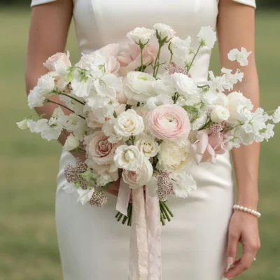 Pink Wedding Bouquet bridal flowers bouquets with ivory ranunculus, blush garden roses, sweet peas, lisianthus, white blooms, and blush silk ribbon