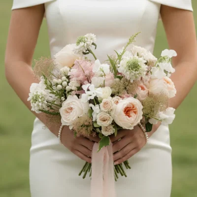 Pink Wedding Bouquet bridal flowers bouquets with ivory garden roses, blush spray roses, sweet peas, astilbe, scabiosa, seasonal flowers, and blush ribbon