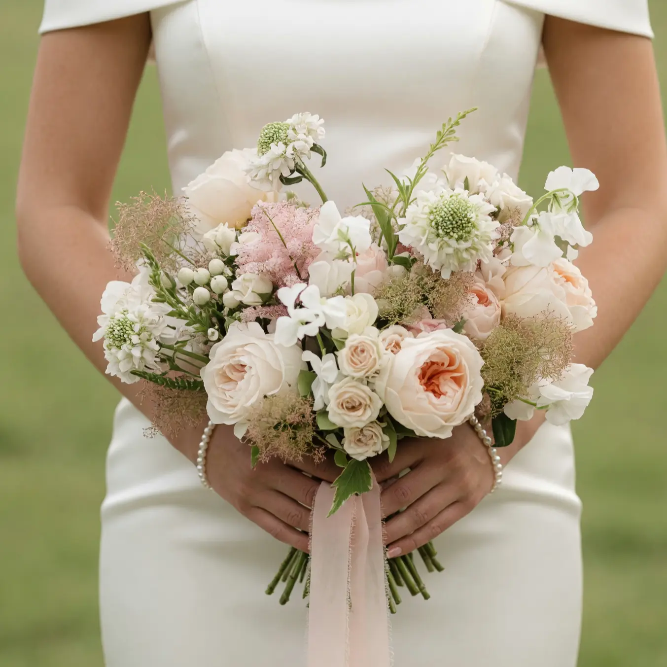 Pink Wedding Bouquet bridal flowers bouquets with ivory garden roses, blush spray roses, sweet peas, astilbe, scabiosa, seasonal flowers, and blush ribbon