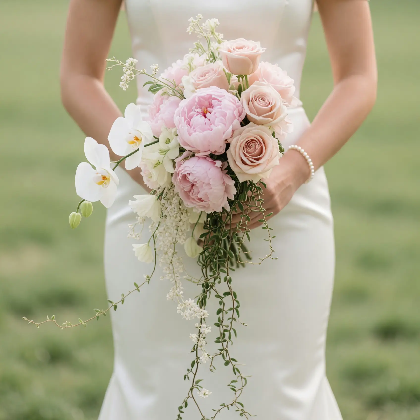 Pink Wedding Bouquet bridal flowers bouquets with blush peonies, champagne roses, white orchids, cascading jasmine flowers, and trailing greenery