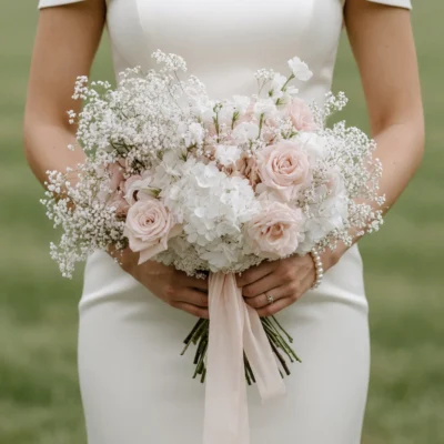 Pink Wedding Bouquet bridal flowers bouquets with blush roses, white hydrangeas, baby's breath, sweet peas, and blush ribbon