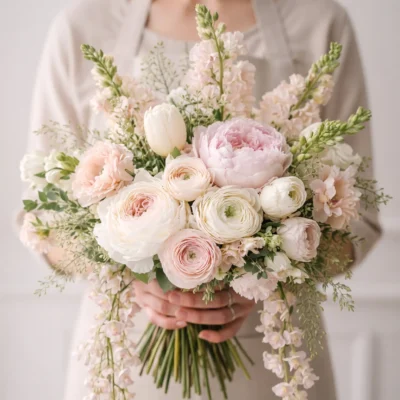 Pink Wedding Bouquet bridal flowers bouquets with blush peonies, ranunculus, ivory tulips, stock flowers, and cascading seasonal blooms