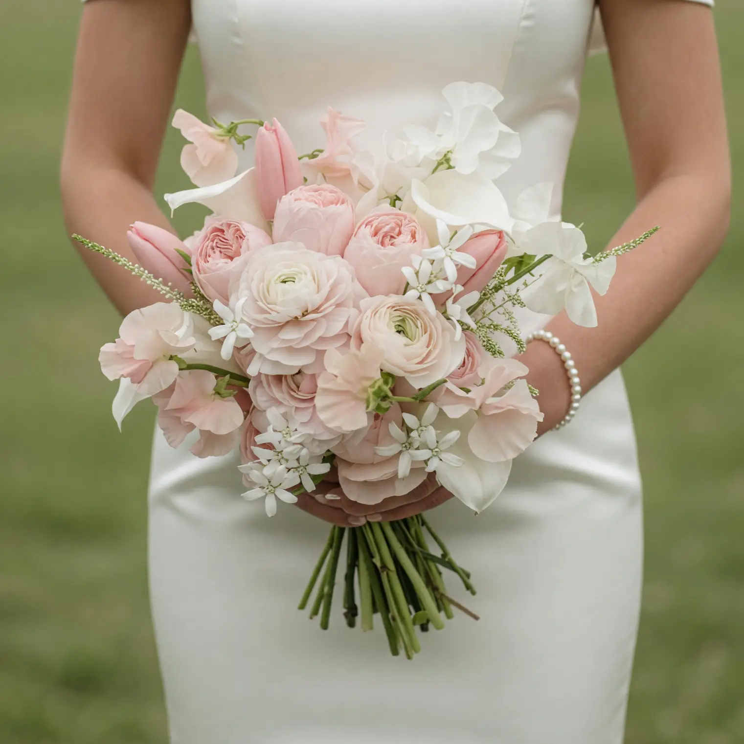 Pink Wedding Bouquet bridal flowers bouquets with blush ranunculus, pink tulips, white orchids, sweet peas, and delicate seasonal flowers