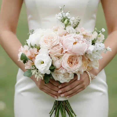 Pink Wedding Bouquet bridal flowers bouquets with blush garden roses, peonies, ivory roses, white lisianthus, seasonal blossoms, and eucalyptus
