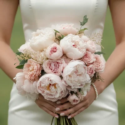 Pink Wedding Bouquet bridal flowers bouquets with white peonies, blush peonies, garden roses, spray roses, ivory flowers, and fresh greenery