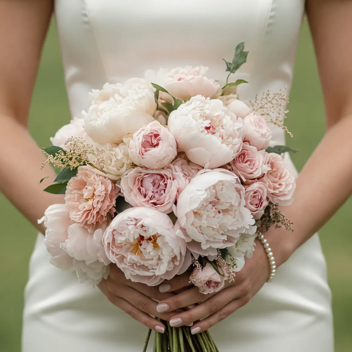 Pink Wedding Bouquet bridal flowers bouquets with white peonies, blush peonies, garden roses, spray roses, ivory flowers, and fresh greenery