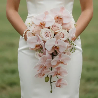 Pink Wedding Bouquet bridal flowers bouquets with cascading blush Phalaenopsis orchids, blush roses, ivory roses, and elegant wedding flowers