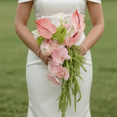 Boho style flowers Blush Cascade Pink Wedding Bouquet with blush orchids, pink anthuriums, calla lilies, ranunculus, roses, green anthuriums, and cascading amaranthus