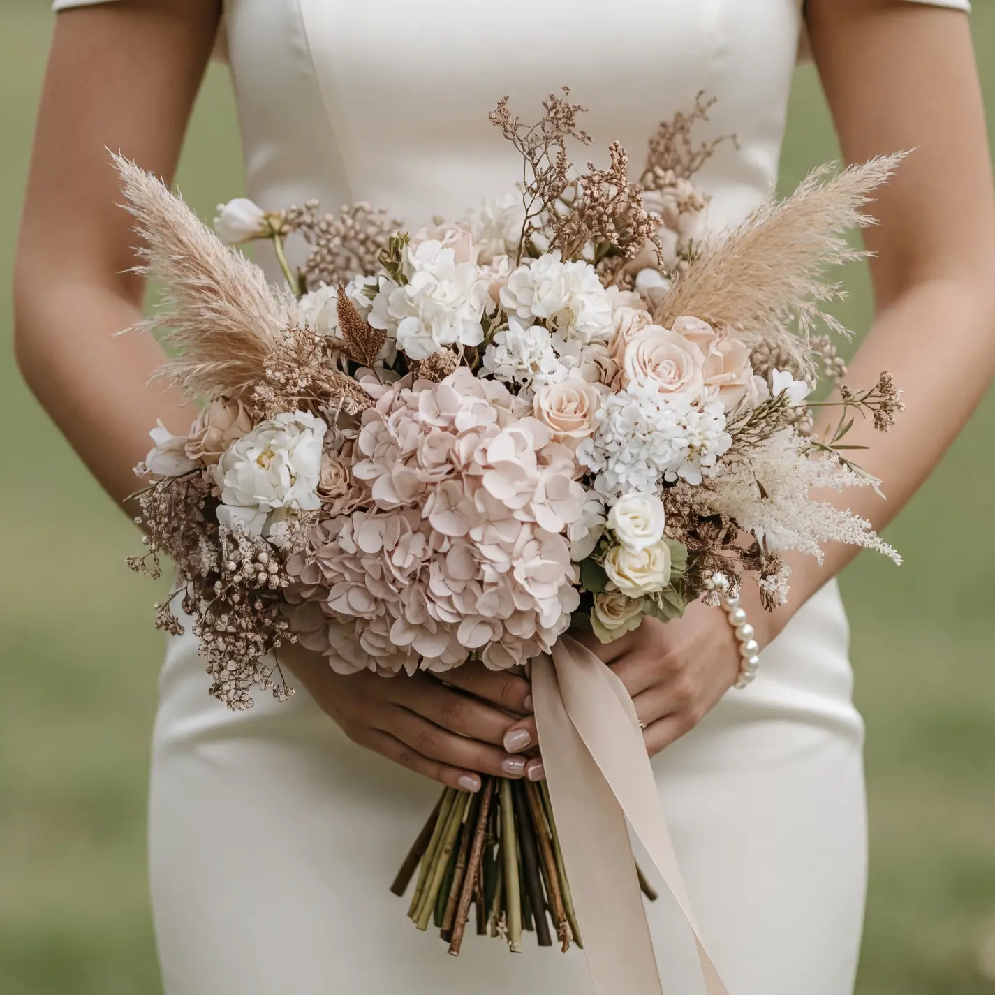 White Wedding Bouquet with Pampas Grass and Hydrangeas