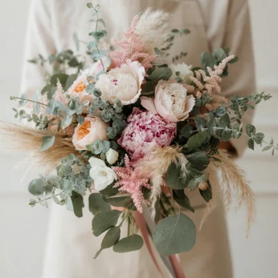 Bridal blooms pink wedding bouquet with blush peonies, garden roses, eucalyptus, astilbe, pampas grass, and romantic bridal flowers