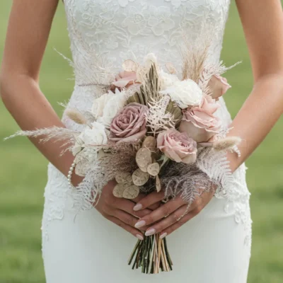 Budget wedding bouquets featuring a pink wedding bouquet with blush roses, preserved eucalyptus, pampas grass, dried botanicals, and ivory bridal flowers.